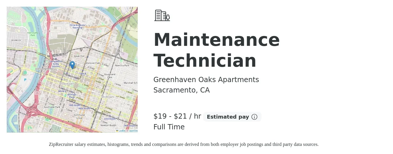 Greenhaven Oaks Apartments job posting for a Maintenance Technician in Sacramento, CA with a salary of $20 to $22 Hourly with a map of Sacramento location.