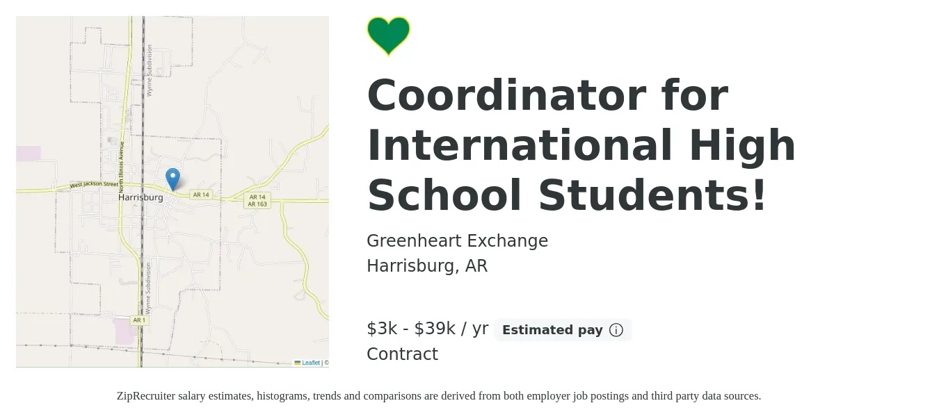 Greenheart Exchange job posting for a Coordinator for International High School Students! in Harrisburg, AR with a salary of $3,900 to $39,000 Yearly (plus commission) with a map of Harrisburg location.