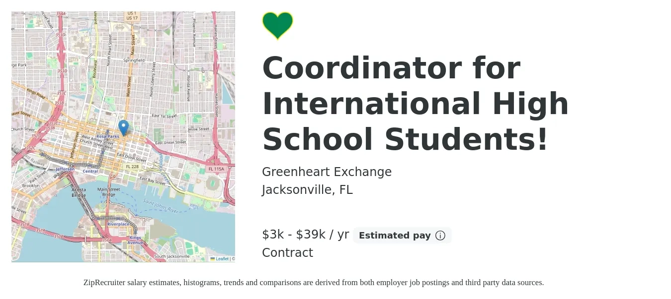 Greenheart Exchange job posting for a Coordinator for International High School Students! in Jacksonville, FL with a salary of $3,900 to $39,000 Yearly (plus commission) with a map of Jacksonville location.