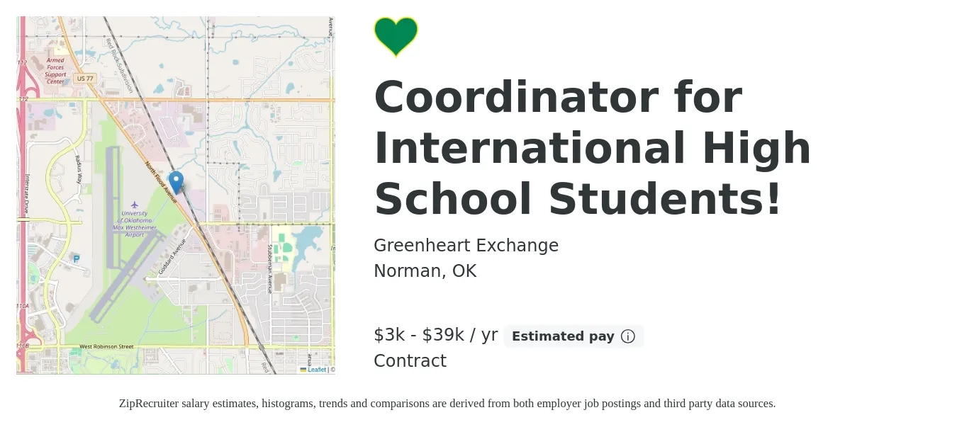 Greenheart Exchange job posting for a Coordinator for International High School Students! in Norman, OK with a salary of $3,900 to $39,000 Yearly (plus commission) with a map of Norman location.