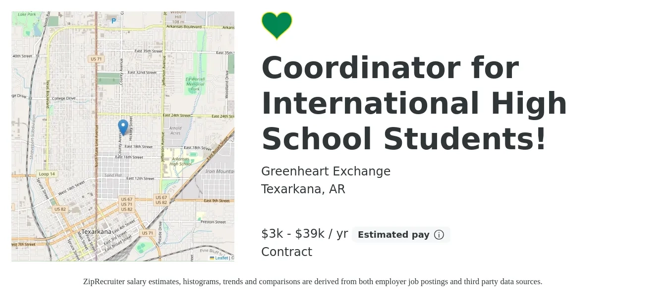 Greenheart Exchange job posting for a Coordinator for International High School Students! in Texarkana, AR with a salary of $3,900 to $39,000 Yearly (plus commission) with a map of Texarkana location.