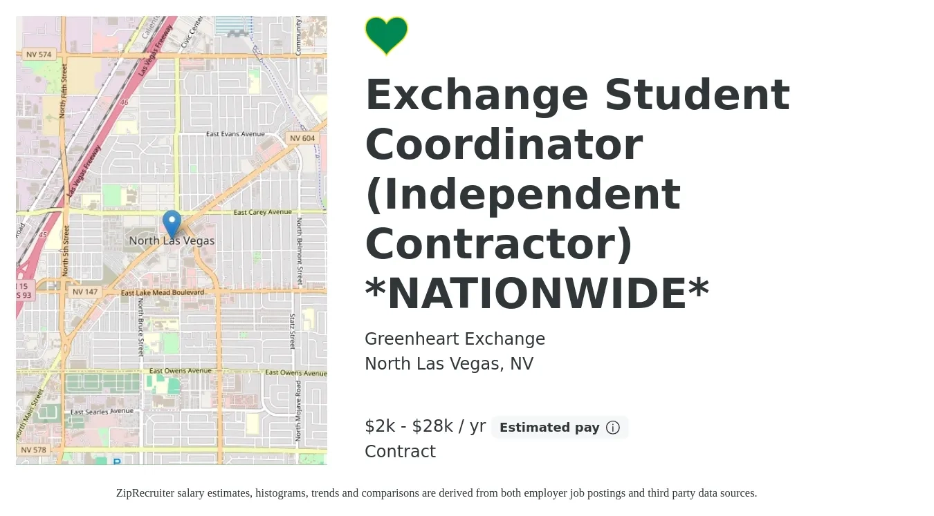 Greenheart Exchange job posting for a Exchange Student Coordinator (Independent Contractor) *NATIONWIDE* in North Las Vegas, NV with a salary of $2,200 to $28,000 Yearly with a map of North Las Vegas location.