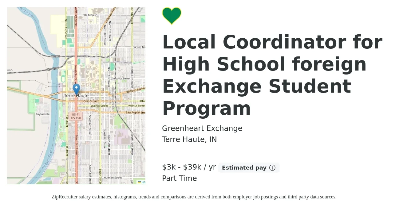Greenheart Exchange job posting for a Local Coordinator for High School foreign Exchange Student Program in Terre Haute, IN with a salary of $3,900 to $39,000 Yearly (plus commission) with a map of Terre Haute location.