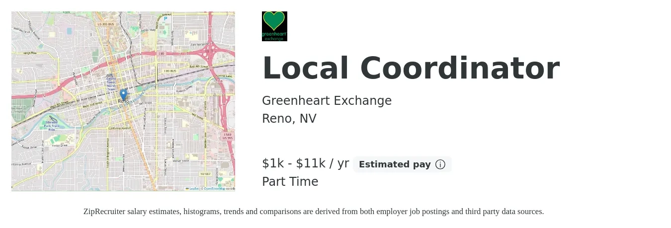 Greenheart Exchange job posting for a Local Coordinator in Reno, NV with a salary of $1,100 to $11,000 Yearly with a map of Reno location.