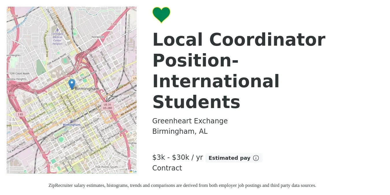 Greenheart Exchange job posting for a Local Coordinator Position- International Students in Birmingham, AL with a salary of $3,900 to $30,000 Yearly (plus commission) with a map of Birmingham location.