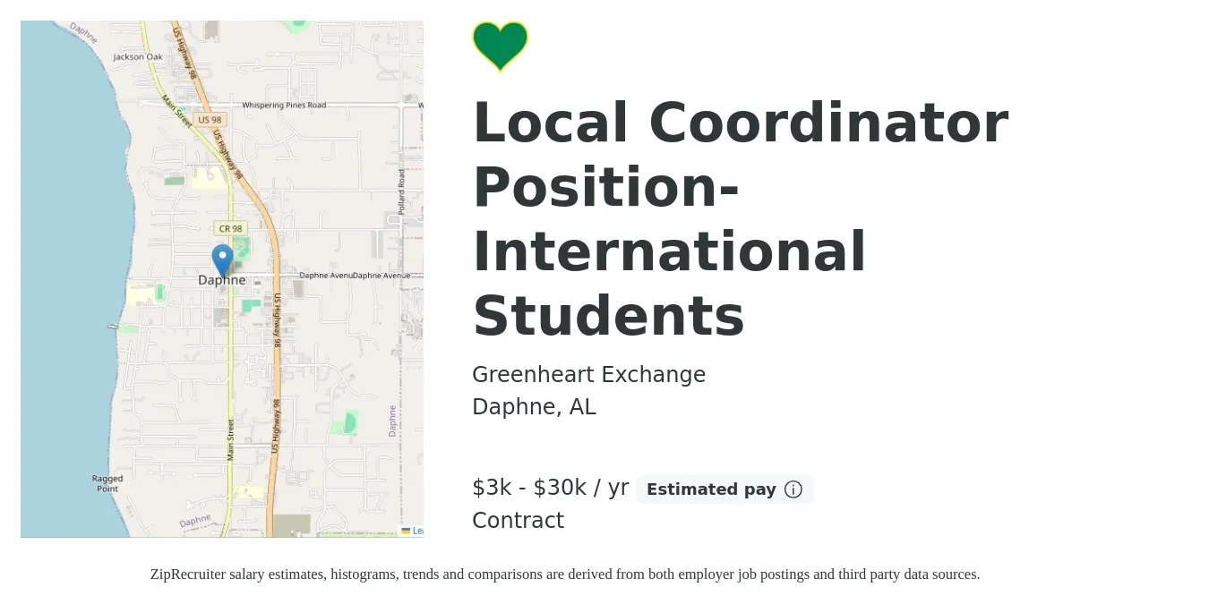 Greenheart Exchange job posting for a Local Coordinator Position- International Students in Daphne, AL with a salary of $3,900 to $30,000 Yearly (plus commission) with a map of Daphne location.
