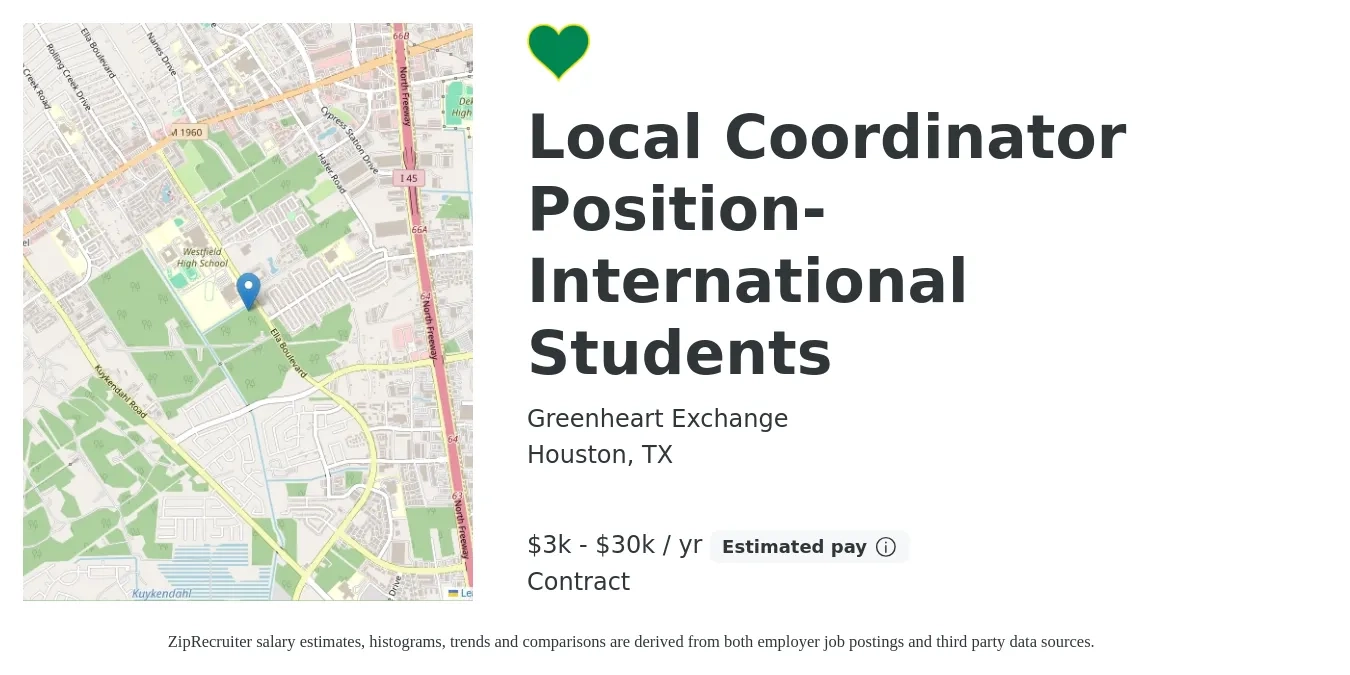 Greenheart Exchange job posting for a Local Coordinator Position- International Students in Houston, TX with a salary of $3,900 to $30,000 Yearly (plus commission) with a map of Houston location.
