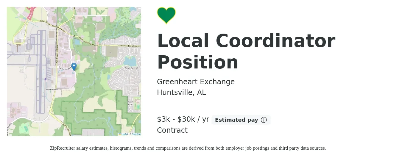Greenheart Exchange job posting for a Local Coordinator Position in Huntsville, AL with a salary of $3,900 to $30,000 Yearly (plus commission) with a map of Huntsville location.