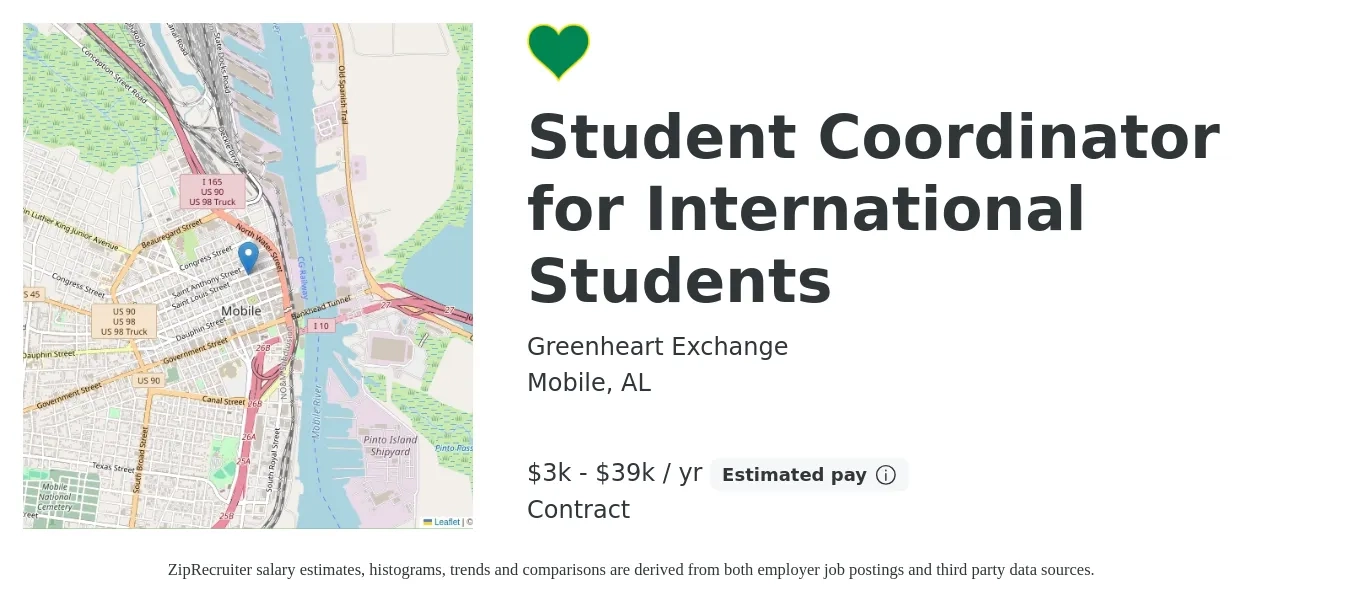 Greenheart Exchange job posting for a Student Coordinator for International Students in Mobile, AL with a salary of $3,900 to $39,000 Yearly (plus commission) with a map of Mobile location.