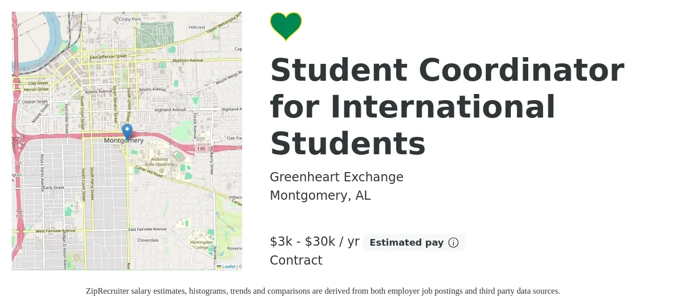 Greenheart Exchange job posting for a Student Coordinator for International Students in Montgomery, AL with a salary of $3,900 to $30,000 Yearly (plus commission) with a map of Montgomery location.