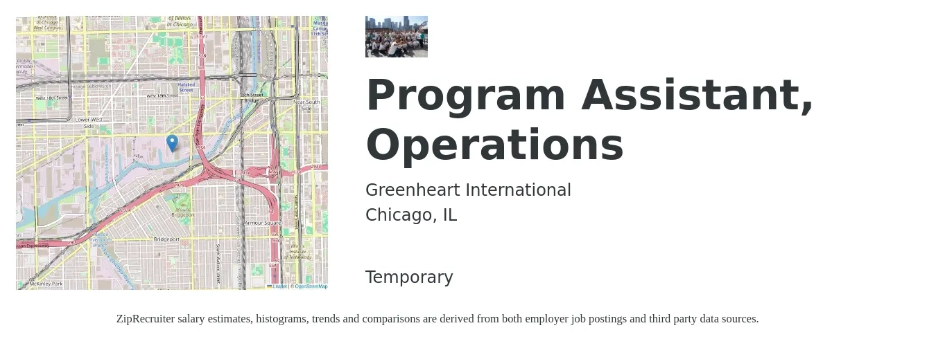 Greenheart International job posting for a Program Assistant, Operations in Chicago, IL with a salary of $16 to $24 Hourly with a map of Chicago location.