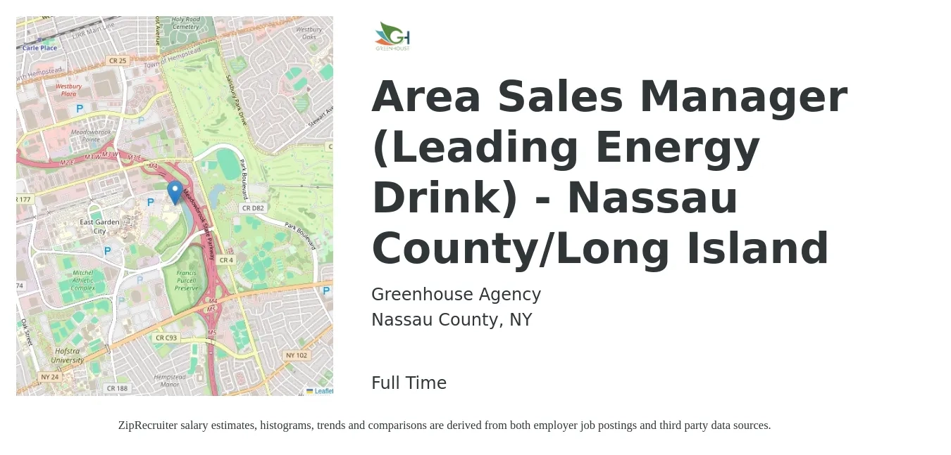 Greenhouse Agency job posting for a Area Sales Manager (Leading Energy Drink) - Nassau County/Long Island in Nassau County, NY with a salary of $65,000 Yearly with a map of Nassau County location.