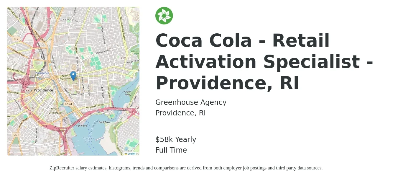 Greenhouse Agency job posting for a Coca Cola - Retail Activation Specialist - Providence, RI in Providence, RI with a salary of $58,000 Yearly with a map of Providence location.