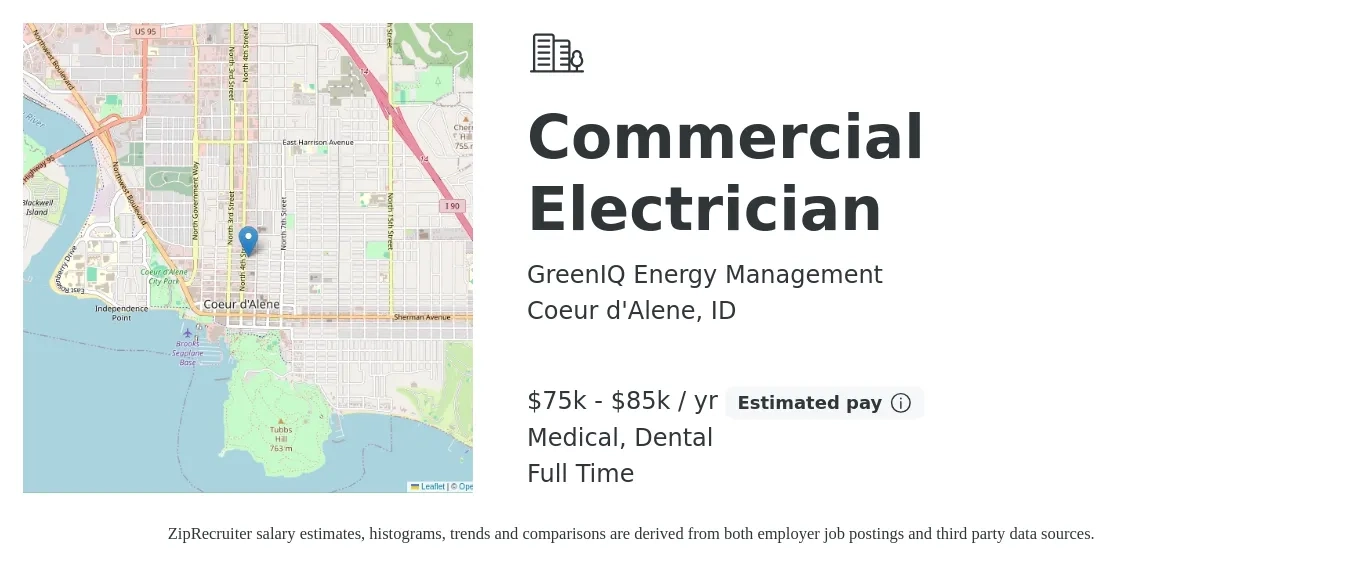 GreenIQ Energy Management job posting for a Commercial Electrician in Coeur d'Alene, ID with a salary of $75,000 to $85,000 Yearly and benefits including pto, dental, and medical with a map of Coeur d'Alene location.