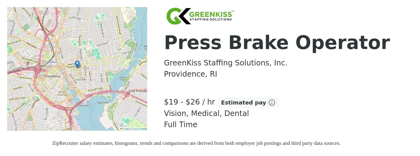 GreenKiss Staffing Solutions, Inc. job posting for a Press Brake Operator in Providence, RI with a salary of $20 to $24 Hourly with a map of Providence location.