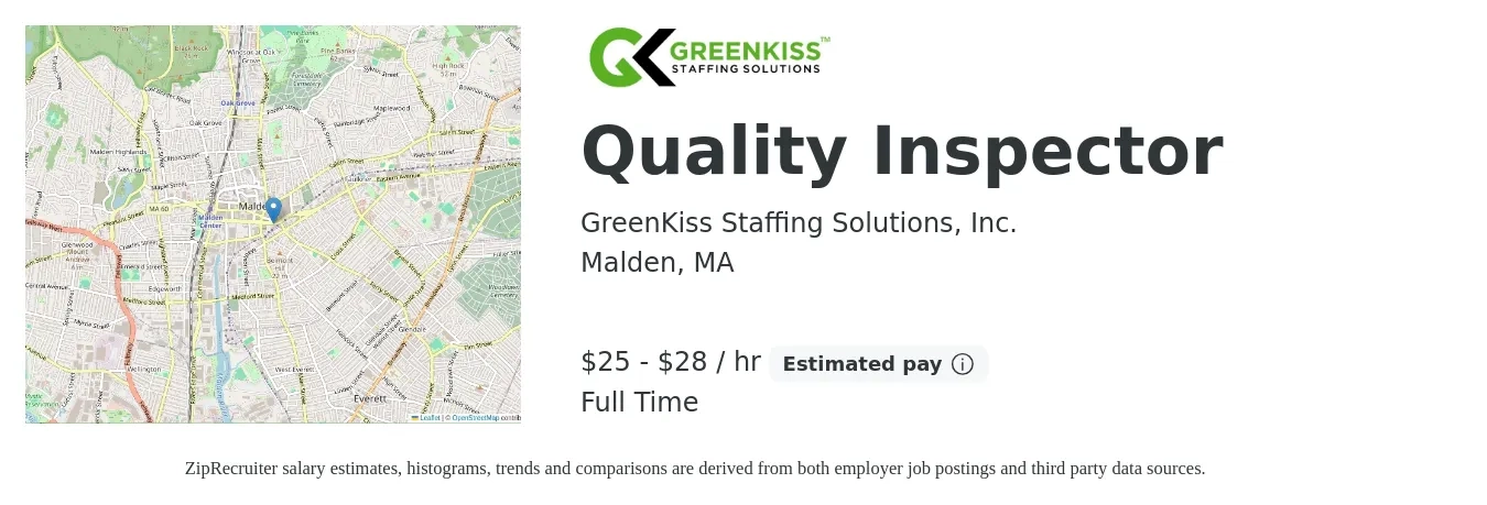 GreenKiss Staffing Solutions, Inc. job posting for a Quality Inspector in Malden, MA with a salary of $26 to $30 Hourly with a map of Malden location.