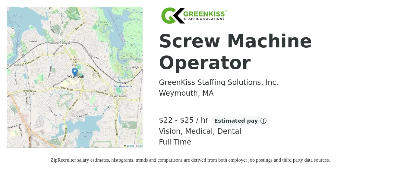GreenKiss Staffing Solutions, Inc. job posting for a Screw Machine Operator in Weymouth, MA with a salary of $23 to $26 Hourly and benefits including dental, life_insurance, medical, retirement, and vision with a map of Weymouth location.