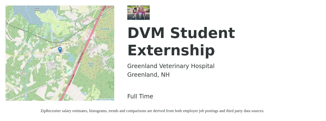 Greenland Veterinary Hospital job posting for a DVM Student Externship in Greenland, NH with a salary of $103,300 to $166,800 Yearly with a map of Greenland location.