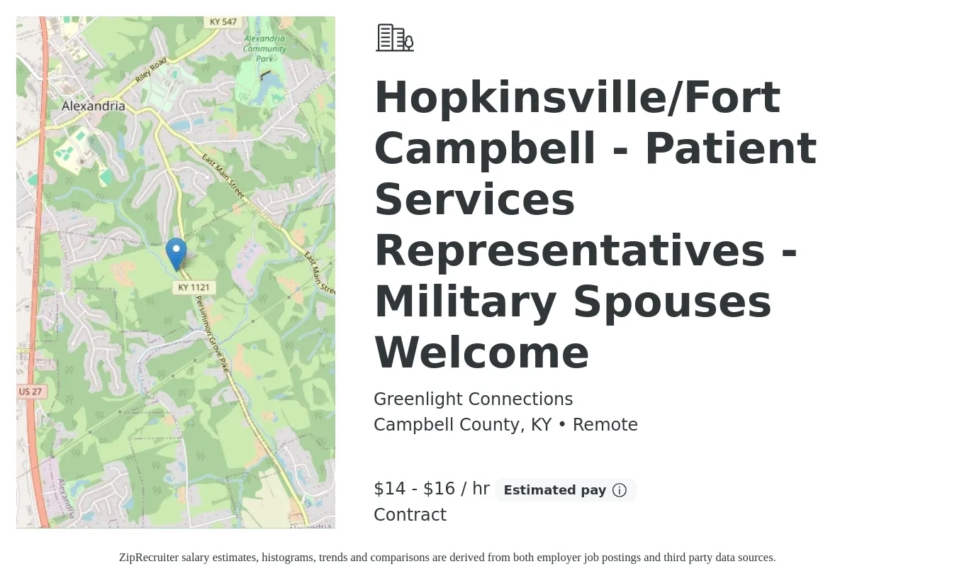Greenlight Connections job posting for a Hopkinsville/Fort Campbell - Patient Services Representatives - Military Spouses Welcome in Campbell County, KY with a salary of $15 to $17 Hourly with a map of Campbell County location.
