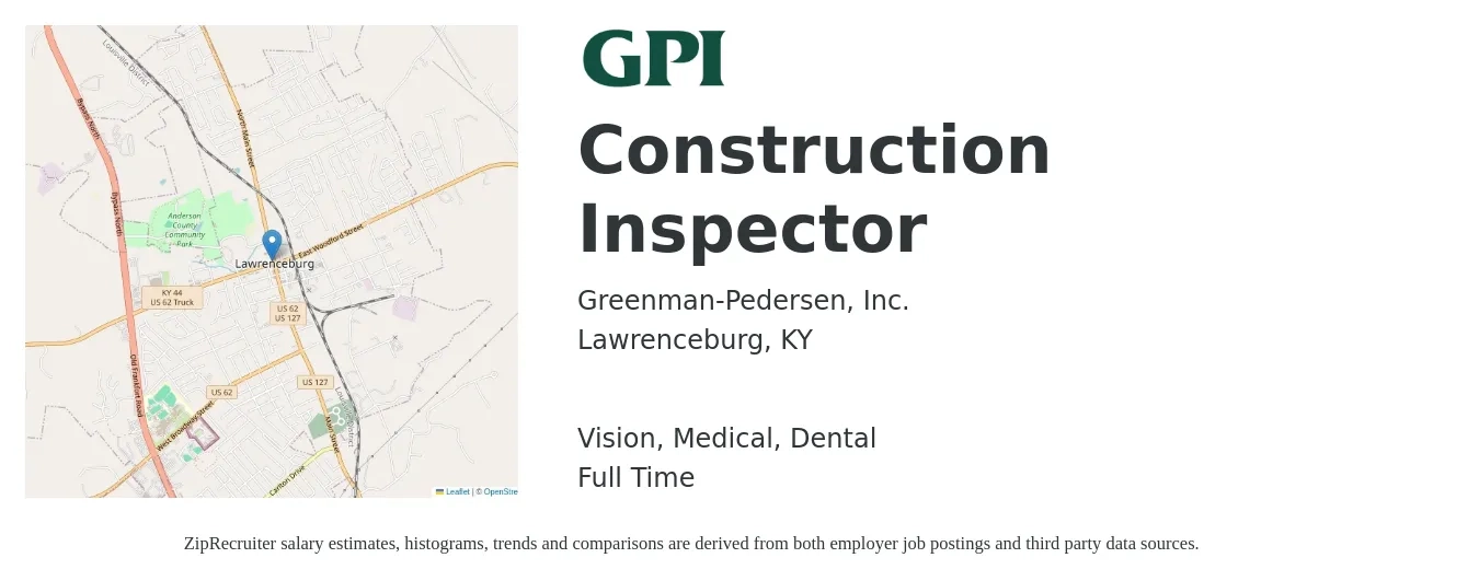 Greenman-Pedersen, Inc. job posting for a Construction Inspector in Lawrenceburg, KY with a salary of $42,100 to $66,300 Yearly and benefits including retirement, vision, dental, life_insurance, and medical with a map of Lawrenceburg location.
