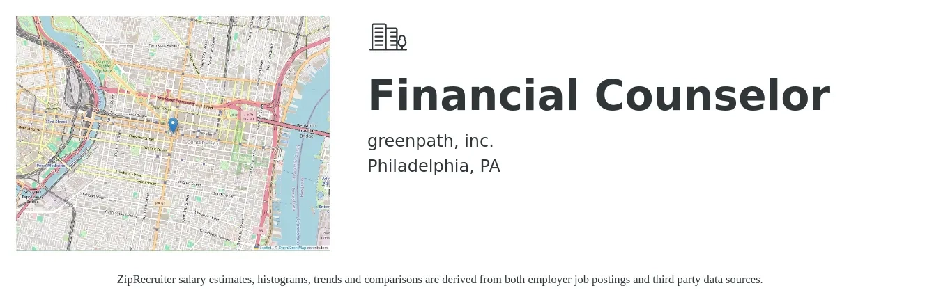 greenpath, inc. job posting for a Financial Counselor in Philadelphia, PA with a salary of $46,725 Yearly with a map of Philadelphia location.