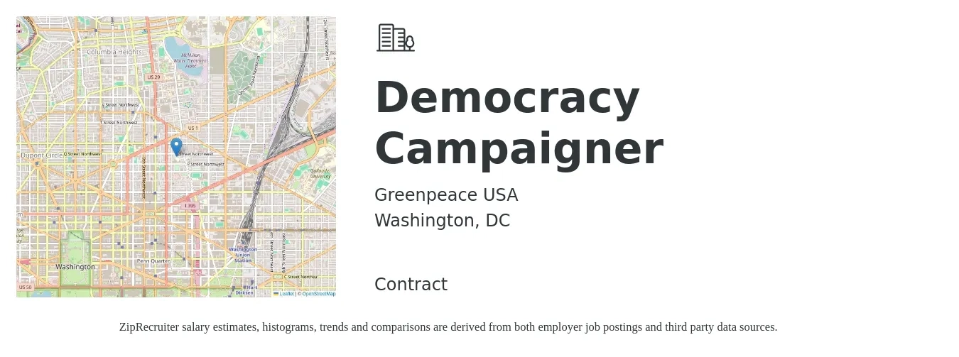 Greenpeace USA job posting for a Democracy Campaigner in Washington, DC with a salary of $50 to $86 Hourly with a map of Washington location.