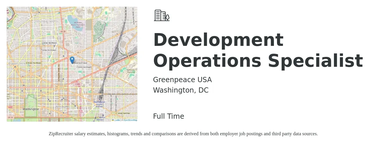 Greenpeace USA job posting for a Development Operations Specialist in Washington, DC with a salary of $50,400 to $73,600 Yearly with a map of Washington location.