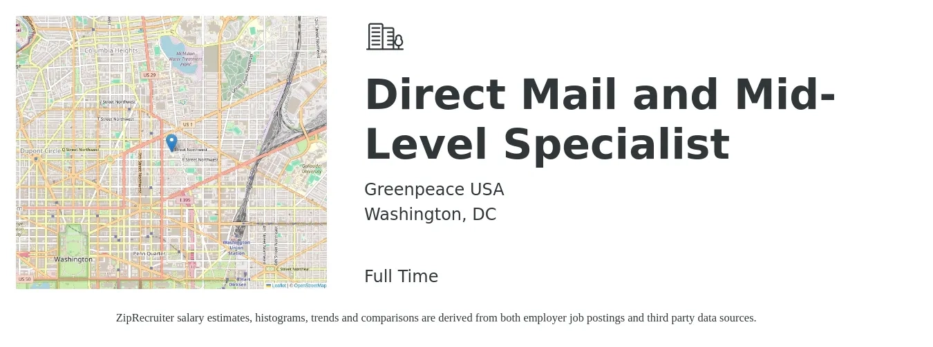 Greenpeace USA job posting for a Direct Mail and Mid-Level Specialist in Washington, DC with a salary of $34 Hourly with a map of Washington location.
