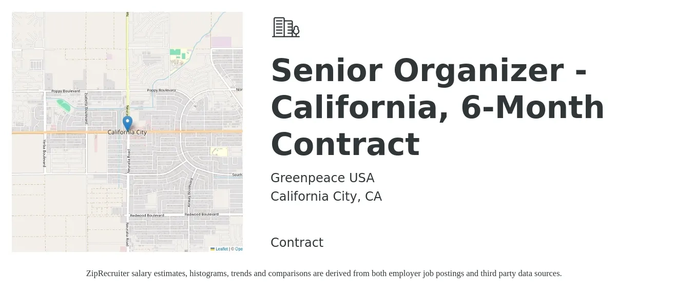Greenpeace USA job posting for a Senior Organizer - California, 6-Month Contract in California City, CA with a salary of $57,600 to $81,600 Yearly with a map of California City location.