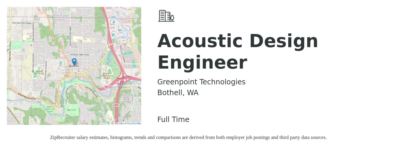 Greenpoint Technologies job posting for a Acoustic Design Engineer in Bothell, WA with a salary of $105,100 to $131,400 Yearly with a map of Bothell location.