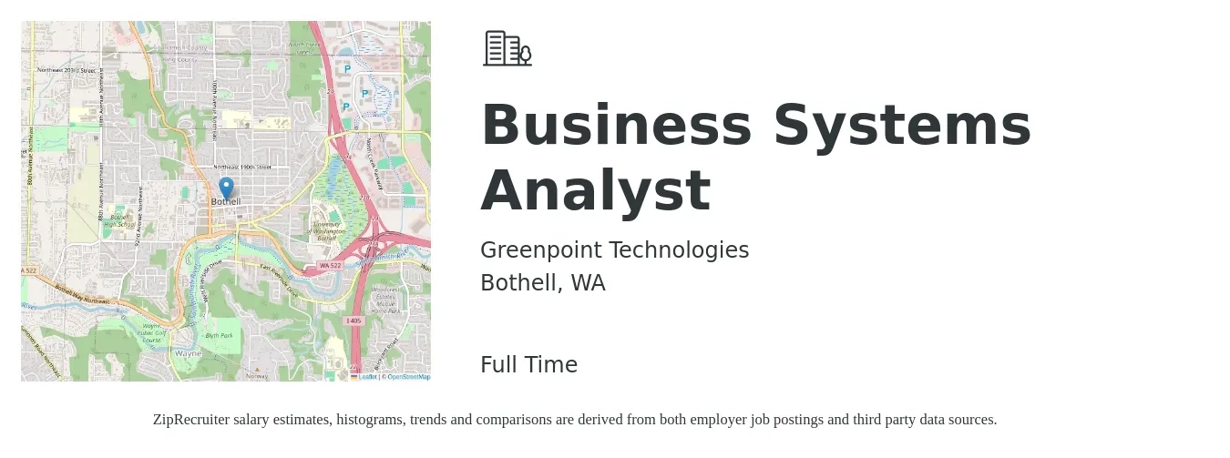 Greenpoint Technologies job posting for a Business Systems Analyst in Bothell, WA with a salary of $45 to $68 Hourly with a map of Bothell location.