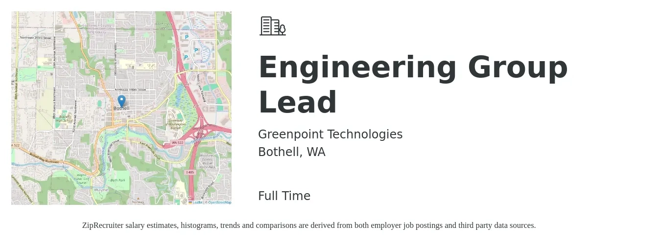 Greenpoint Technologies job posting for a Engineering Group Lead in Bothell, WA with a salary of $114,600 to $150,900 Yearly with a map of Bothell location.