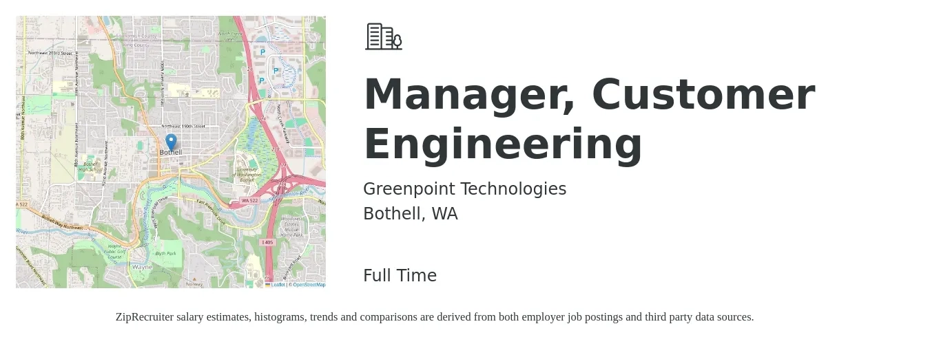 Greenpoint Technologies job posting for a Manager, Customer Engineering in Bothell, WA with a salary of $130,200 to $193,400 Yearly with a map of Bothell location.