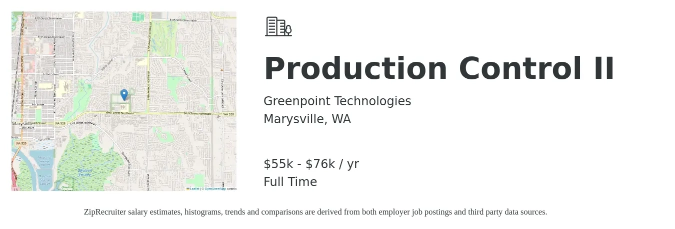 Greenpoint Technologies job posting for a Production Control II in Marysville, WA with a salary of $55,864 to $76,813 Yearly with a map of Marysville location.