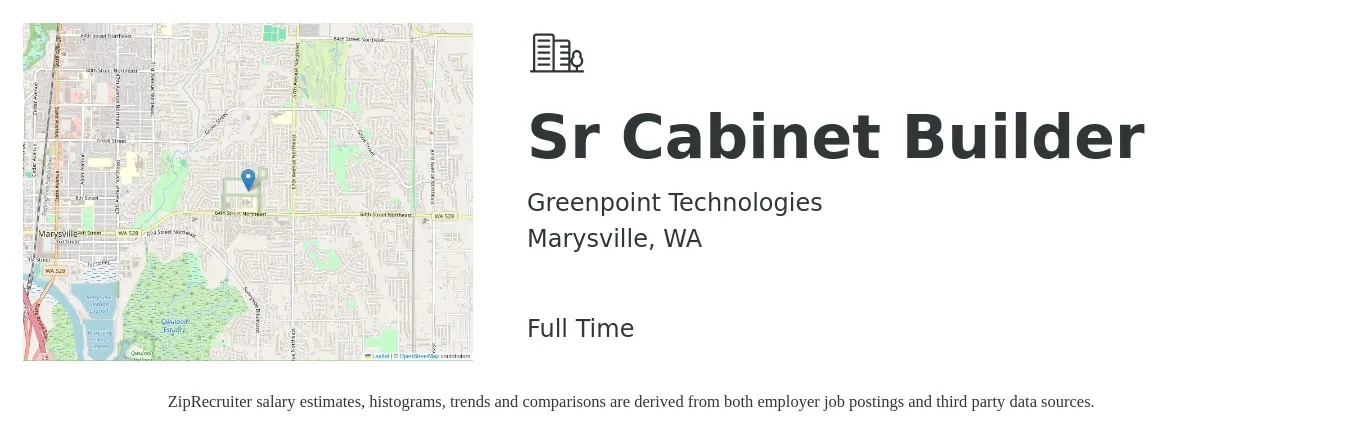 Greenpoint Technologies job posting for a Sr Cabinet Builder in Marysville, WA with a salary of $20 to $28 Hourly with a map of Marysville location.