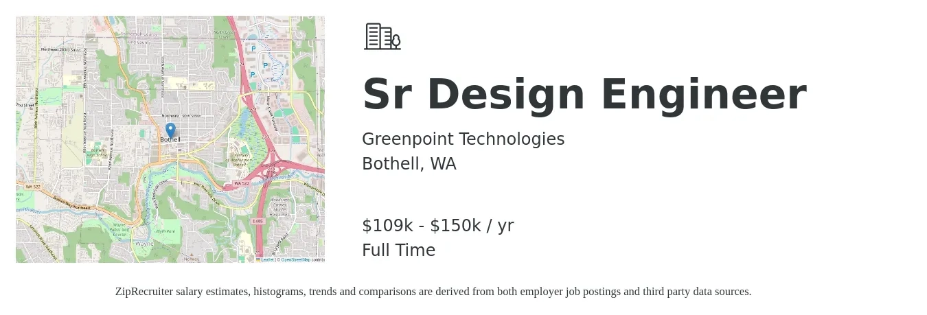 Greenpoint Technologies job posting for a Sr Design Engineer in Bothell, WA with a salary of $109,424 to $150,458 Yearly with a map of Bothell location.