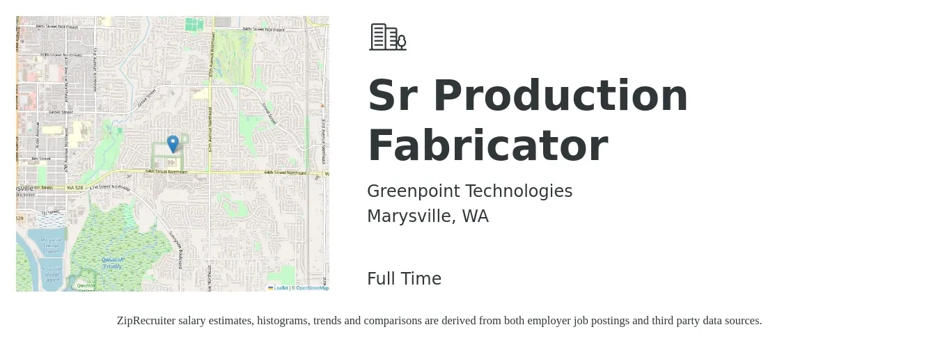 Greenpoint Technologies job posting for a Sr Production Fabricator in Marysville, WA with a salary of $20 to $27 Hourly with a map of Marysville location.