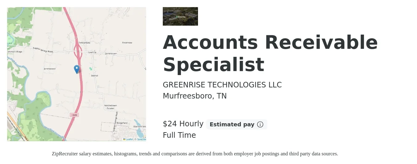 Greenrise Technologies job posting for a Accounts Receivable Specialist in Murfreesboro, TN with a salary of $25 Hourly with a map of Murfreesboro location.