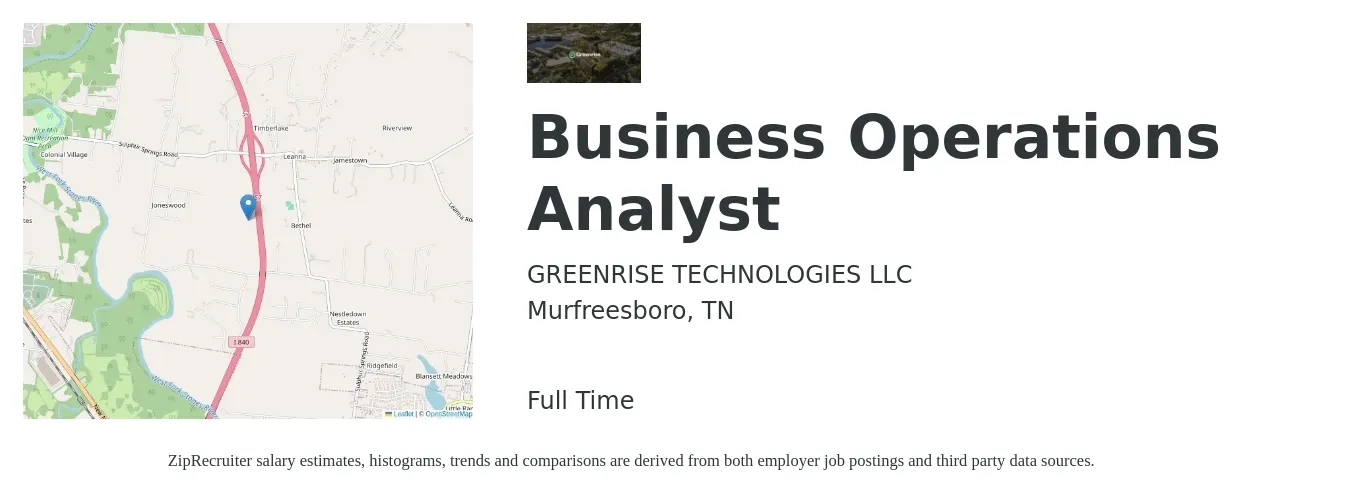 GREENRISE TECHNOLOGIES LLC job posting for a Business Operations Analyst in Murfreesboro, TN with a salary of $51,800 to $79,800 Yearly with a map of Murfreesboro location.