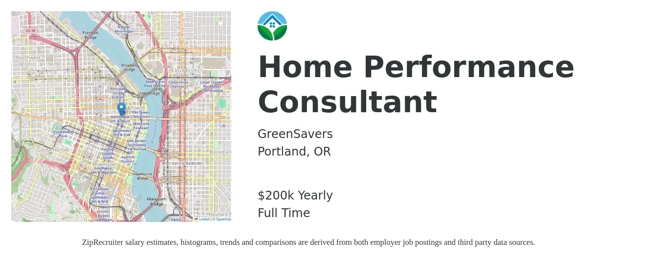 GreenSavers job posting for a Home Performance Consultant in Portland, OR with a salary of $200,000 Yearly with a map of Portland location.