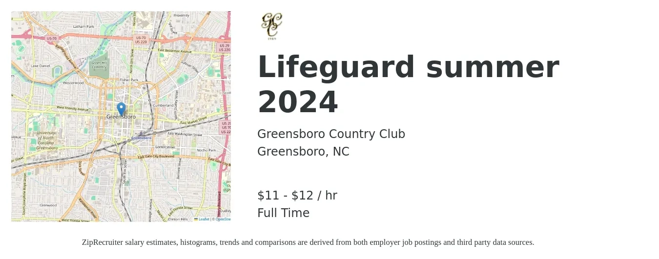 Greensboro Country Club job posting for a Lifeguard summer 2024 in Greensboro, NC with a salary of $12 to $13 Hourly with a map of Greensboro location.