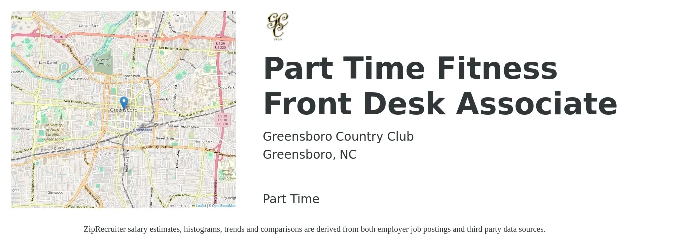 Greensboro Country Club job posting for a Part Time Fitness Front Desk Associate in Greensboro, NC with a salary of $10 to $11 Hourly with a map of Greensboro location.