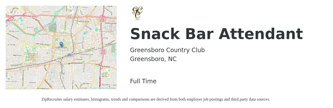 Greensboro Country Club job posting for a Snack Bar Attendant in Greensboro, NC with a salary of $12 to $16 Hourly with a map of Greensboro location.