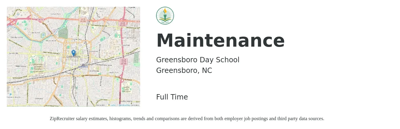 Greensboro Day School job posting for a Maintenance in Greensboro, NC with a salary of $18 to $26 Hourly with a map of Greensboro location.