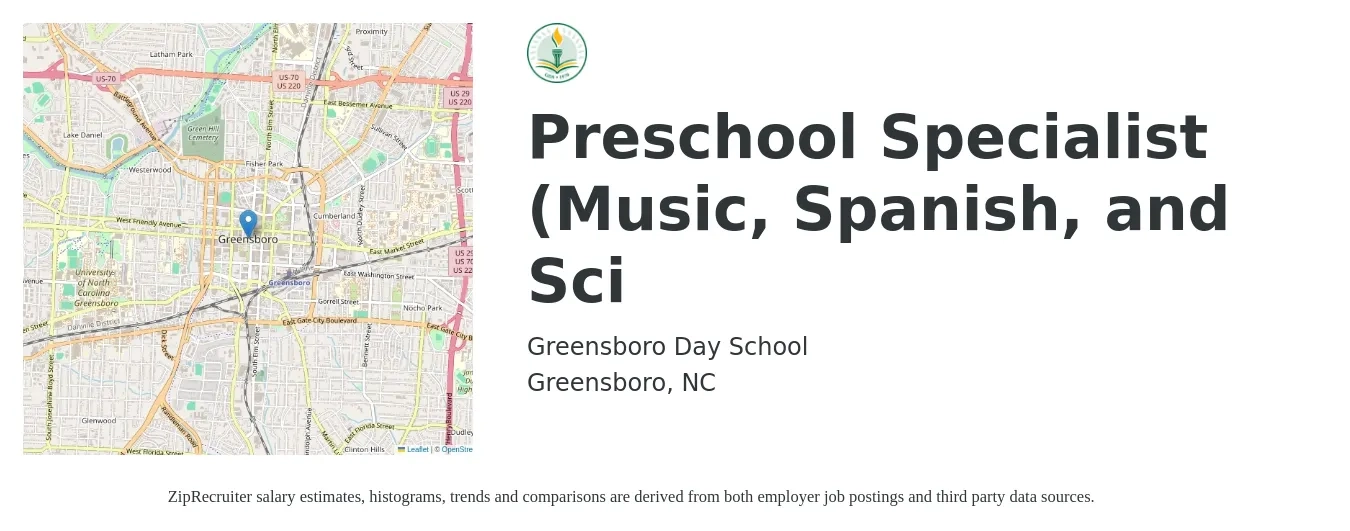Greensboro Day School job posting for a Preschool Specialist (Music, Spanish, and Sci in Greensboro, NC with a salary of $24 to $34 Hourly with a map of Greensboro location.