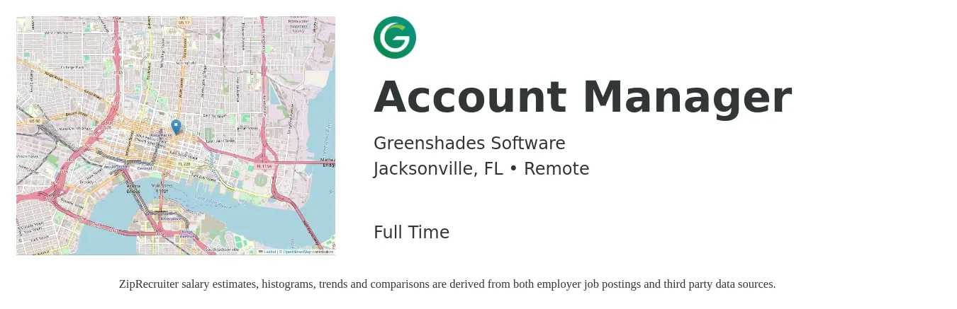 Greenshades Software job posting for a Account Manager in Jacksonville, FL with a salary of $43,200 to $70,600 Yearly with a map of Jacksonville location.
