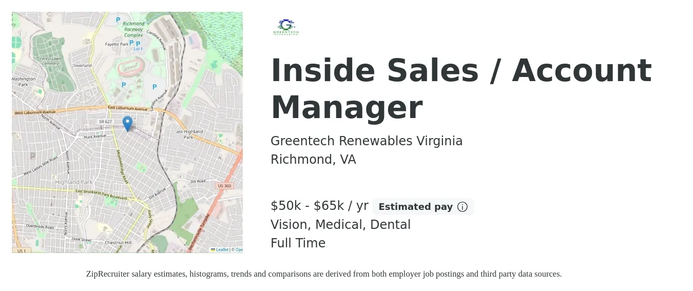 Greentech Renewables Virginia job posting for a Inside Sales / Account Manager in Richmond, VA with a salary of $50,000 to $65,000 Yearly (plus commission) and benefits including pto, retirement, vision, dental, and medical with a map of Richmond location.