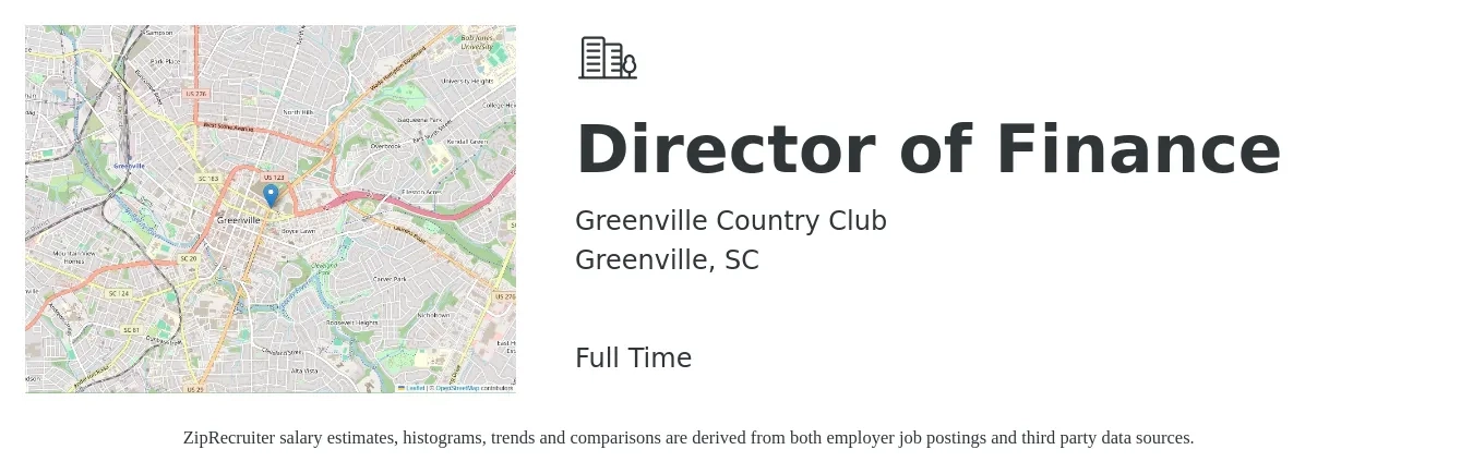 Greenville Country Club job posting for a Director of Finance in Greenville, SC with a salary of $89,600 to $136,400 Yearly with a map of Greenville location.