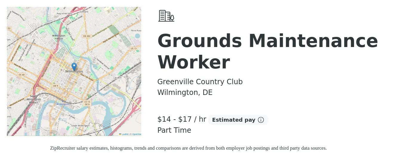 Greenville Country Club job posting for a Grounds Maintenance Worker in Wilmington, DE with a salary of $15 to $18 Hourly with a map of Wilmington location.