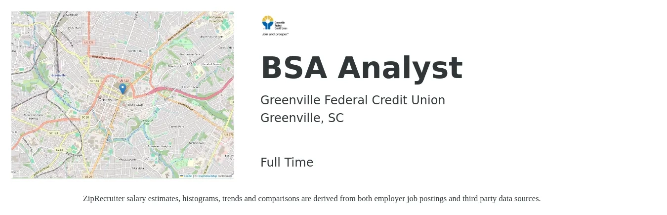 Greenville Federal Credit Union job posting for a BSA Analyst in Greenville, SC with a salary of $36 to $54 Hourly with a map of Greenville location.